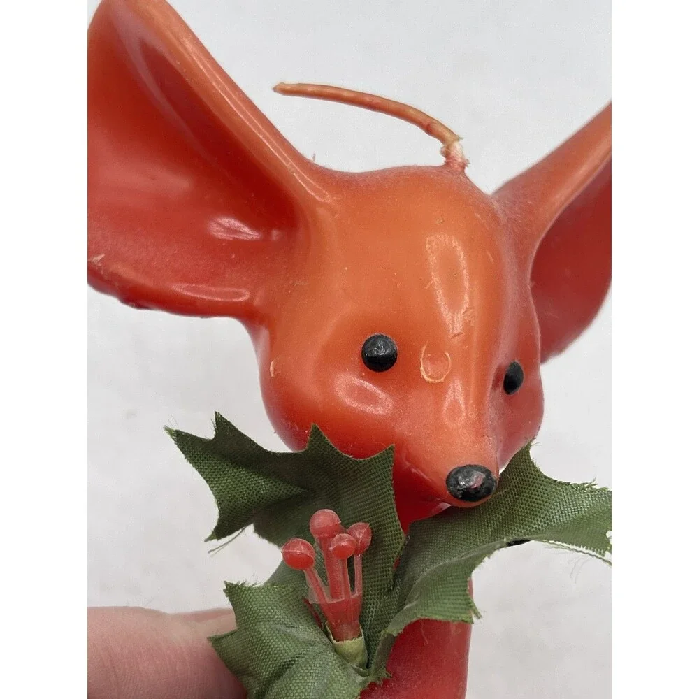 Vintage Red Mouse w/ Big Ears Holding Holly Figure Candle  5.5” Tall -
